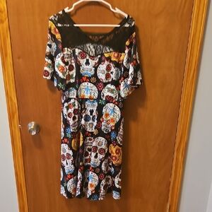 Colorful Skull Print Dress with Lace Detail